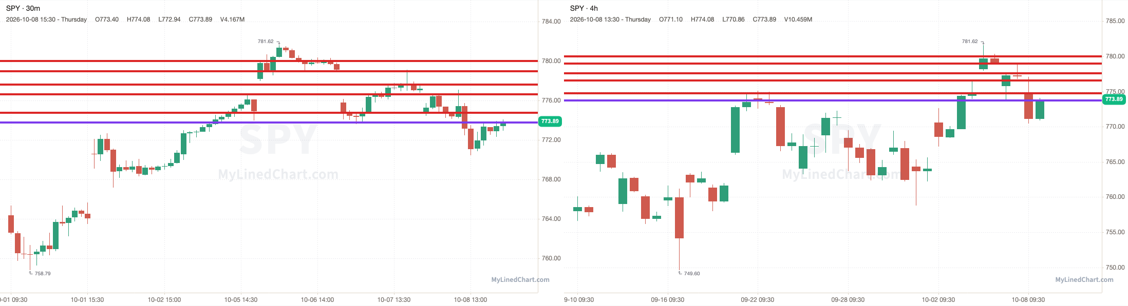SPY-Chart mit den Levels vom 8. Oktober